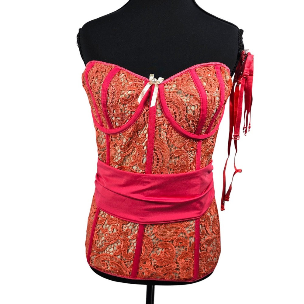 Coquette Coral Nude Lace Bustier Underwire Corset Top Detachable Garters XL NWT